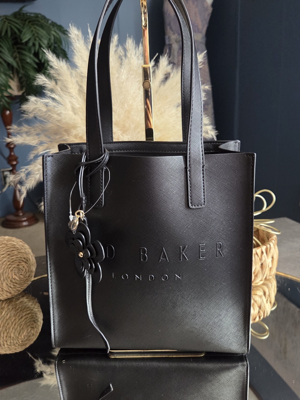 Ted Baker London The Icon Black Small Shopper Tote Floral Charm NWT